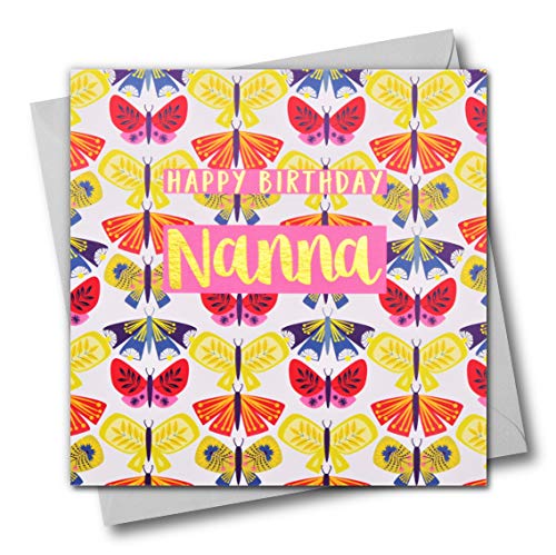 Claire Giles Greeting Cards, Happy Birthday Nanna Card, Butterflies Design Birthday Greeting Card, Text Foiled in Shiny Gold