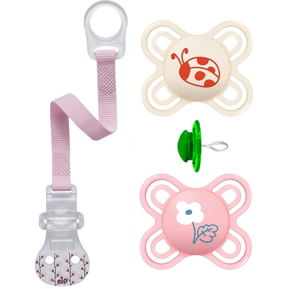 MAM Perfect Start Dental Dummy mini X-Small 0-2 months, pack of 2 for Girls & Nip Soother Band