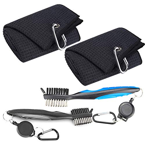 2 Pack Golf Towels Golf Club Brush Groove Cleaner Tool Set Black Microfiber Waffle Pattern Tri-Fold Golf Club Ball Cleaning Towel For Golf Bags With Clip Men Women Golf Gifts - Thumbnail 7