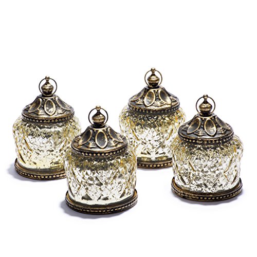 Mini Gold Mercury Glass Lanterns Set of 4, Warm White LED Lights, 4