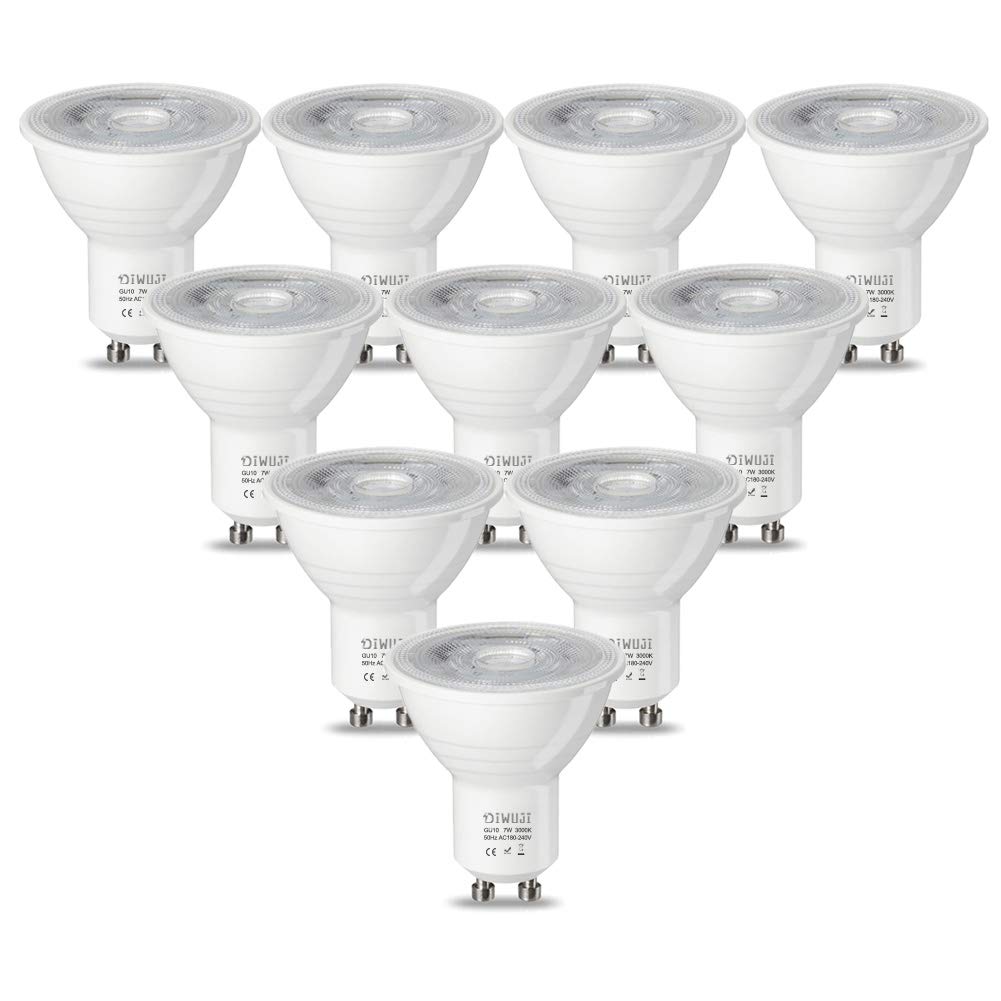 DIWUJI 7W GU10 LED Bulbs, 55W Halogen Lamp Equivalent, Warm White 3000K, 550 Lumens Non-Dimmable, AC 180-240V, 36° Beam Angle Spotlight Bulb (Pack of 10)