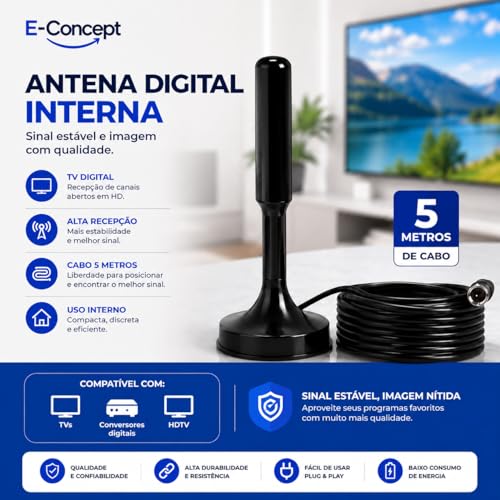 Antena Digital Interna HD para TV – Sinal Forte e Estável, Canais Abertos em Alta Definição, Compatível com Smart TVs Samsung, LG, Sony, TCL e Mais – Não Precisa Configurar