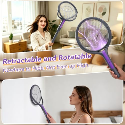Electric Fly Swatter, Rotating Head Bug Zapper, Dual Modes Mosquito Killer with Purple Mosquito Light Rechargeable for Indoor Home Patio Camp Office, Telescopic Extension