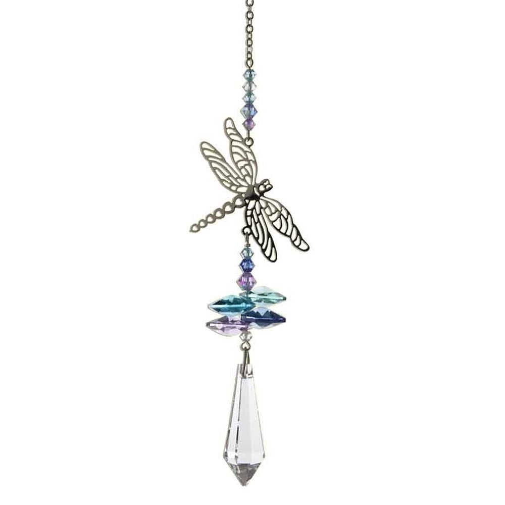 Crystal Fantasy Hanging Suncatcher - Rainbow Maker and 38mm Icicle Shape Crystal - Metal Dragonfly Ornament - Embellished with Blue and
