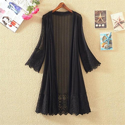 Funic Fashion Women Long Sleeve Lace Kimono Cardigan Top Blouse T-Shirt Beachwear (XL, Black)