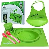 Silicone Placemat & Bib Set by Kidyme™ All-in-One Kids Flatware Dining Tray - Includes Suction Plate, Silicone Bucket Baby Bib With Adjustable Snaps, Child Cup, Fork with Spoon - Dishwasher Safe
