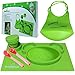 Silicone Placemat & Bib Set by Kidyme™ All-in-One Kids Flatware Dining Tray - Includes Suction Plate, Silicone Bucket Baby Bib With Adjustable Snaps, Child Cup, Fork with Spoon - Dishwasher Safe