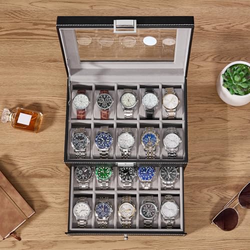 BEWISHOME Watch Case, 20-Slot Watch Box Organizer for Men Watch Case with Large Glass Lid Watch Travel Case Removable Watch Pillows, Mens Jewelry Box Watch Display Case, Watch Storage, Black SSH04B