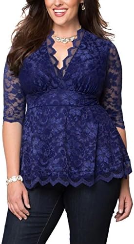 WANTU Womens Sexy Big Size V-neck Sleeved Floral Lace Tunic Blouse (US 12, navy)