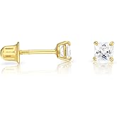Solid 14k Yellow Gold Solitaire Square Princess-cut CZ Stud Earrings with Secure Screw-backs