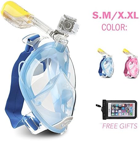 CTEKETIC 180°Full Face Snorkel Mask with Panoramic View Anti-Fog, Anti-Leak with Adjustable Head Straps with longer Snorkeling Tube Free Waterproof Diving Phone Cover (Blue, S/M)
