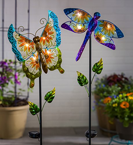 Solar Garden Stake Outdoor Figurine LED Light Cute Metal Stick Art Ornament Decor for Lawn Yard Patio by CEDAR HOME, 11"W x 2"D x 52"H, Dragonfly