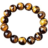 Tiger's Eye Stone Beaded Bracelet, 14mm Natural Gemstone, Adjustable 6-8.5 inches, Golden Brown