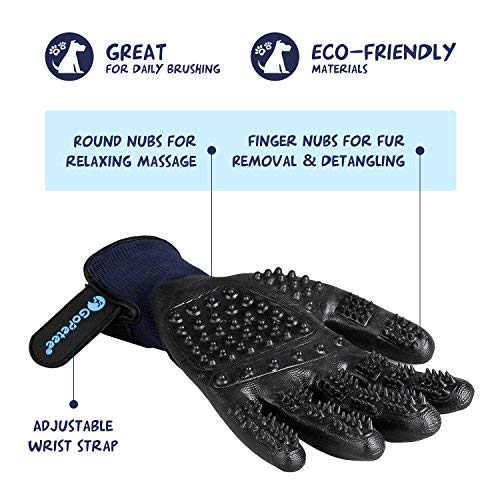 GoPetee Pet Dog Grooming Glove 2 in 1 Cat Horse Hair Removal Massage Mitt Rubber Brush with Flexible Five Finger Design for Shedding Bathing Long and Short FurLong Short Fur (1 Pair) …
