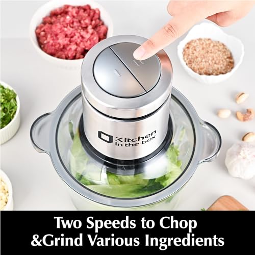 Kitchen in the box 2L+2L Electric Food Processors & Chopper with 304 Stainless Steel Container and Glass Container, 2 Speed Settings, 4 Stainless Steel Blades for Chopping Meat, Baby Food, Vegetable