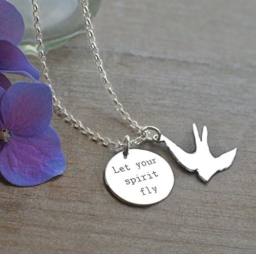 Personalized 925 Sterling Silver Disc and Swallow Charm 'Let Your Spirit Fly' Necklace