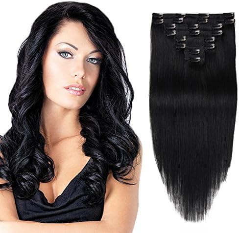 Clip In Hair Extensions Black Human Hair 12" 1# 8pcs 82g Straight Thick Remy Hair Extensions Black Hair Extensions Human Hair Clip In Double Weft Real Hair Extensions Jet Black For Women Short Hair