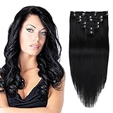 Real Clip in Hair Extensions Black 8 Pieces - Premium Womens Straight Double Weft Thick Remy Hair Extensions Clip in on Human Hair for Long Hair (16