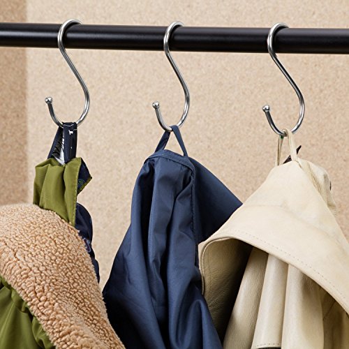 Prudance Medium Round S Shaped Stainless Steel Hanging Hooks Set 10 Hooks - Ideal Pots, Pans, Spoons & Other Kitchen Essentials - Perfect Clothing