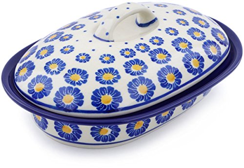 Click Here to See More Images Polish Pottery 7¾-inch Baker with Cover made by Ceramika Artystyczna (Wreath Of Blue Theme) + Certificate of Authenticity