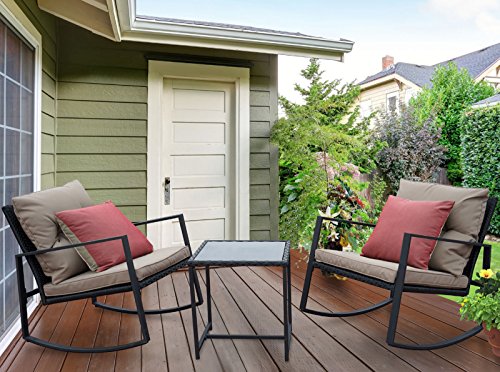 Kozyard Moana Outdoor 3 Piece Rocking Wicker Bistro Set Two Chairs And One Glass Coffee Table Black Wicker Furniture Taupe Cushion Red Stripe
