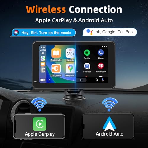 7" Wireless CarPlay Screen for Car, Wireless Carplay Touchscreen for Apple Car Play and Android Auto, Portable Car Stereo with Mirror Link, AUX, Voice Control, GPS Navigation, AirPlay