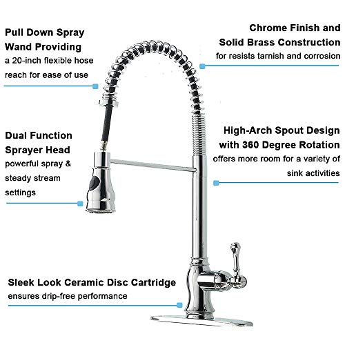VCCUCINE Commercial High Arc Single Handle Stainless Steel Pull Down Sprayer Chrome Kitchen Sink Faucet, Pull Out Kitchen Faucets With Deck Plate - Thumbnail 3