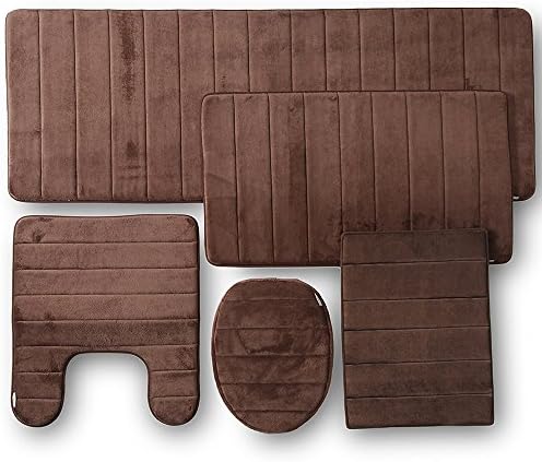 Felicite Home Memory Foam Bath mat Set Soft Comfortable Water Absorbent Stylish Coral Fleece Surface, Non-Slip Backing Combo, 5 Piece, Brown