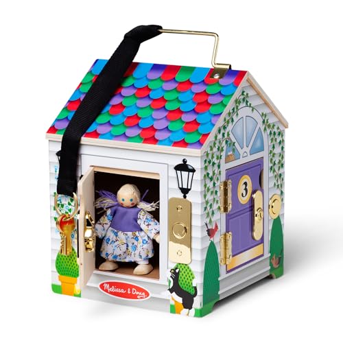Melissa & Doug Take-Along Wooden Doorbell Dollhouse - Doorbell Sounds, Keys, 4 Poseable Wooden Dolls Portable Doll House, Doorbell House for Kids Ages 3+