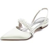 YWXYMGE Satin Pearls Wedding Shoes for Bride Flat Pointed Toe Women Slingback Flats