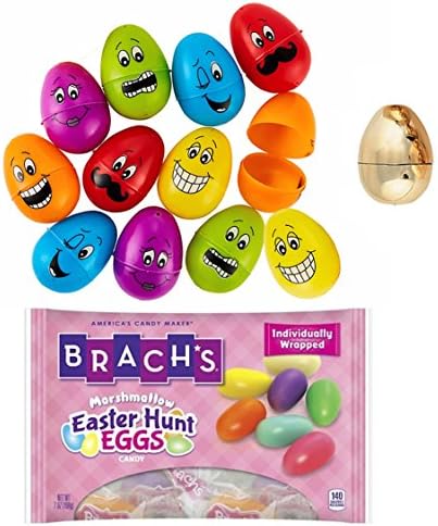 Easter Eggs filled with Candy, Brachs Marshmallow Easter Hunt Candy and Plastic Eggs with Funny Smiley Faces plus GOLDEN Egg