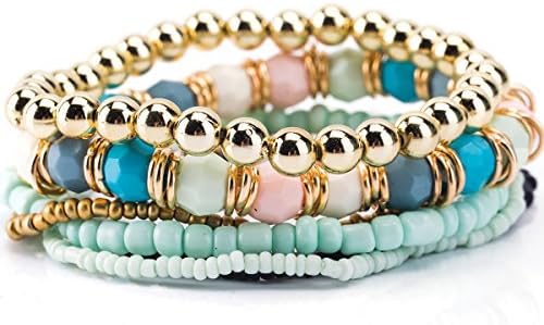 Trendy Jewels Boutique Stacked Seven Layer Gold Blue Beads Bracelet