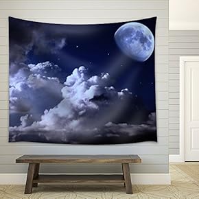 Night Sky with The Moon, Clouds and Stars - Fabric Wall Tapestry Home Decor - 51x60 inches
