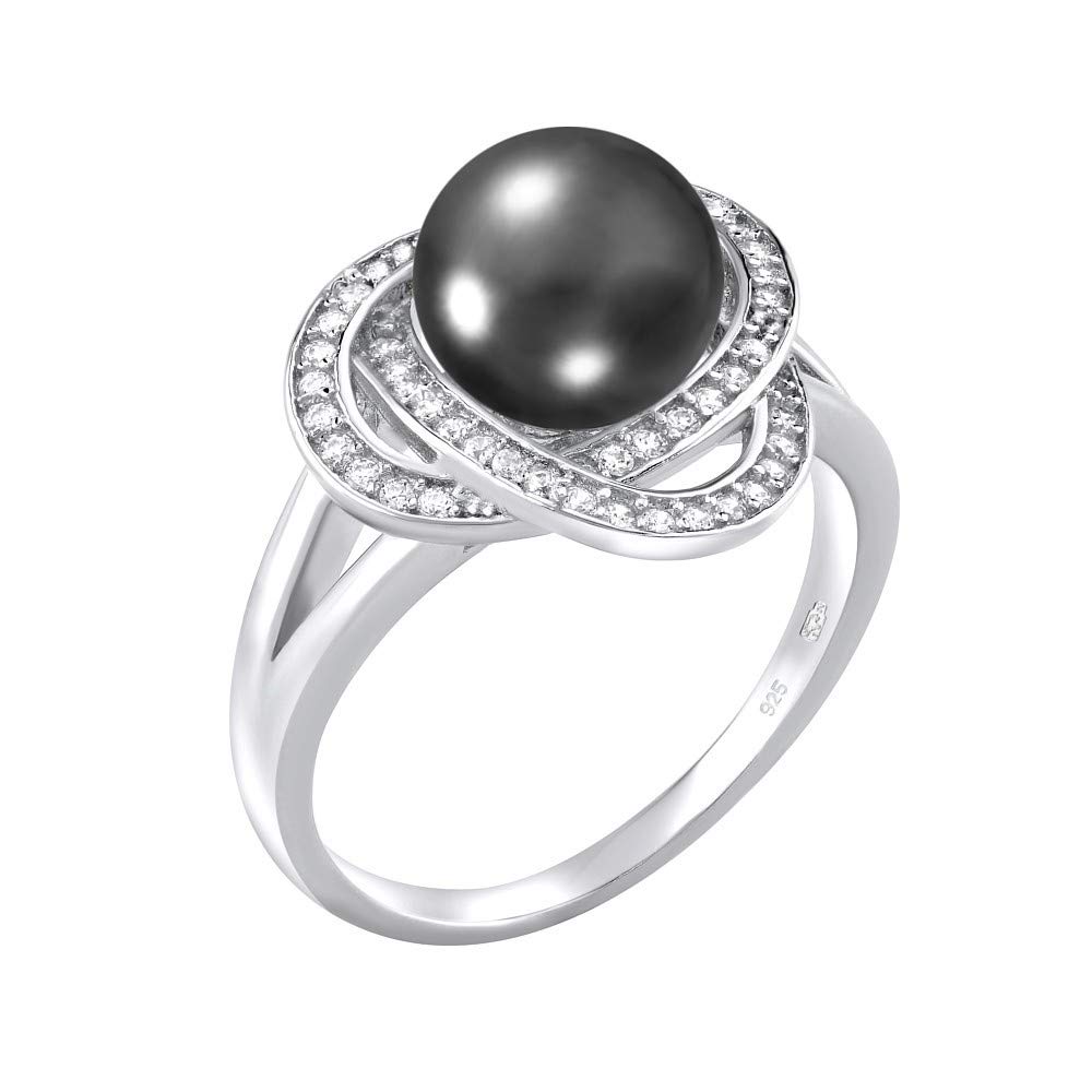 SILVEGO – LPS0044B – Women 925 Sterling Silver Ring Flower with Black Pearl and Zirconia