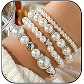 Asiamist Pearl Bracelets Set for Women Stackable Pearls Bracelet Silver Pearl Stretch Beaded Bracelet Elastic Heart Bracelets Prom Party Wedding Jewelry