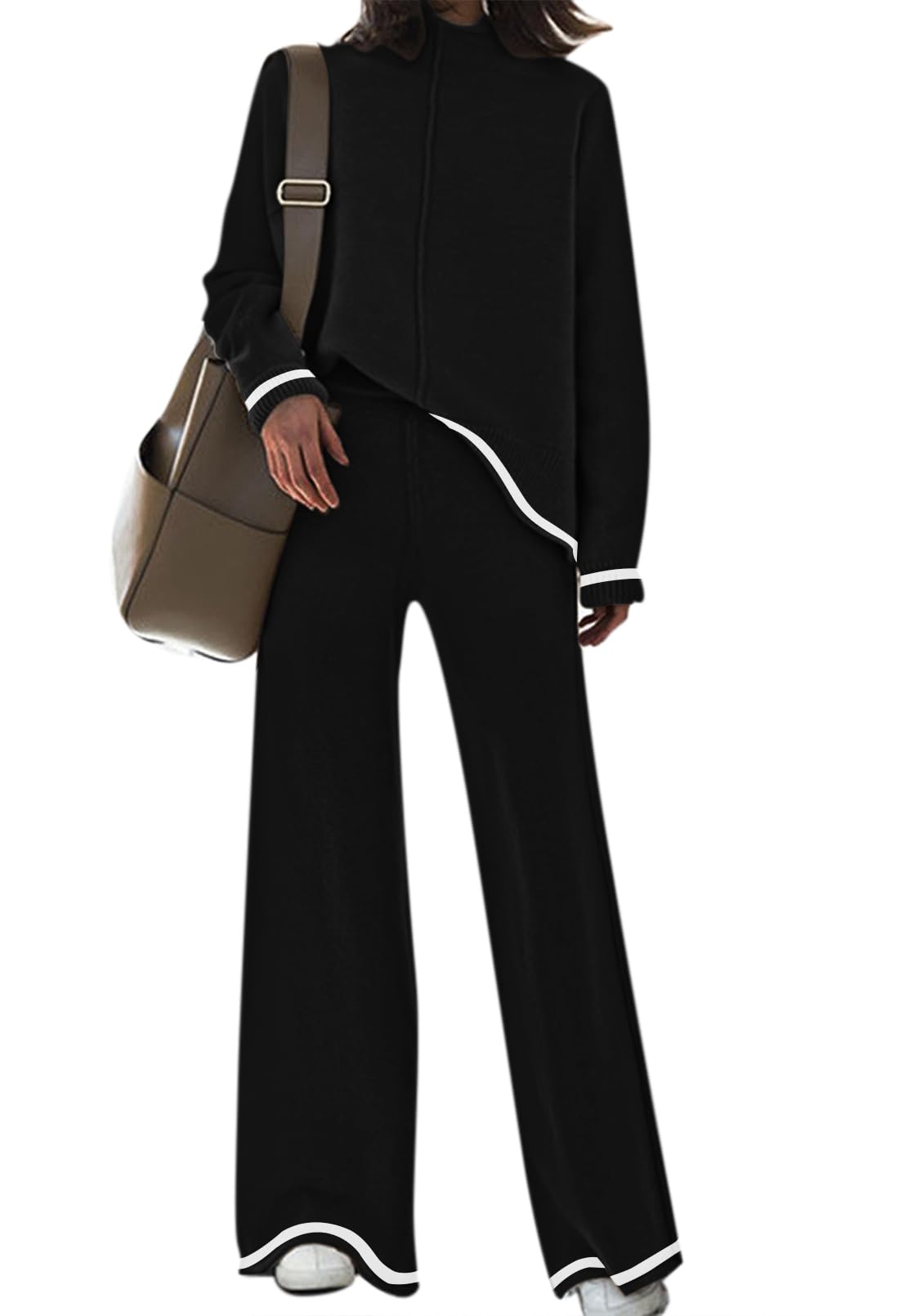 Photo 1 of Fixmatti Womens Lounge Sets Knitted Sweatsuit Sets 2 Piece Outfits Stripes Sweater Tops and Wide Leg Pants Black M