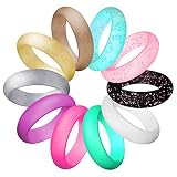 LUNIQI Silicone Wedding Ring for Women, Thin and Stackable Durable Rubber Safe Band for Love, Couple, Souvenir and Outdoor Active Exercise Style-10 Rings Pack