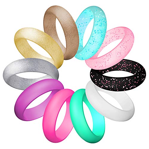 LUNIQI Silicone Wedding Ring for Women, Thin and Stackable Durable Rubber Safe Band for Love, Couple, Souvenir and Outdoor Active Exercise Style-10 Rings Pack