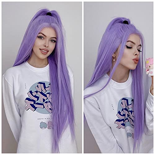 Pastel Purple Straight Synthetic Lace Front Wigs High Temperature Lavender Lilac Lace Wigs for Women 24Inch — image 1