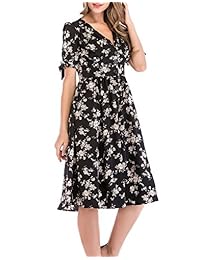 SUNNOW Vestido sexy de cuello en V con estampado floral, manga corta con botón hacia abajo