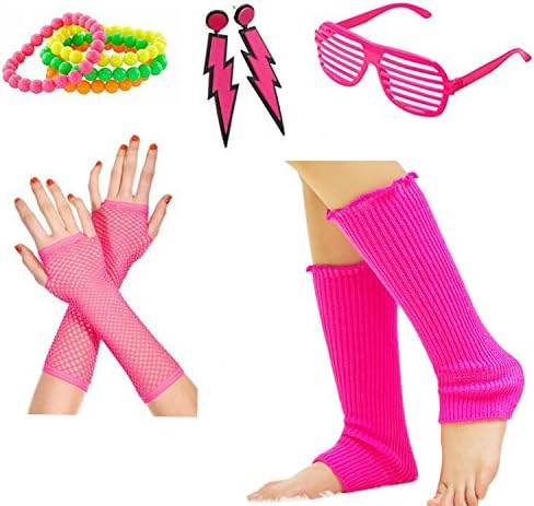 BIGTHING Women's 80s Outfit Accessories Neon Earrings Leg Warmers Gloves (D)