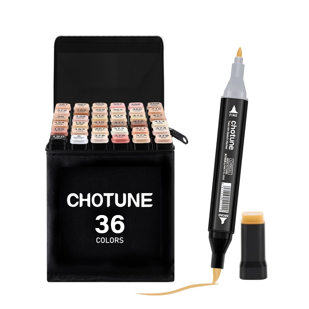 CHOTUNE Alcohol Markers Set, 36 Skin Colors Soft Tip Permanent Marker Pen, Quick Drying, Easy Mix for Sketching and Illustration with Black Handbag and Base