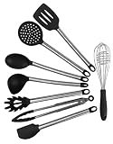 BoriHome Kitchen Utensils - 8 Piece Cooking Utensils - Silicone And Stainless Steel Black Modern Cooking Nonstick Eco Friendly-Serving Tongs, Spoon, Spatula Tools, Pasta Server, Ladle Strainer, Whisk