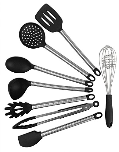 BoriHome Kitchen Utensils - 8 Piece Cooking Utensils - Silicone And Stainless Steel Black Modern Cooking Nonstick Eco Friendly-Serving Tongs, Spoon, Spatula Tools, Pasta Server, Ladle Strainer, Whisk