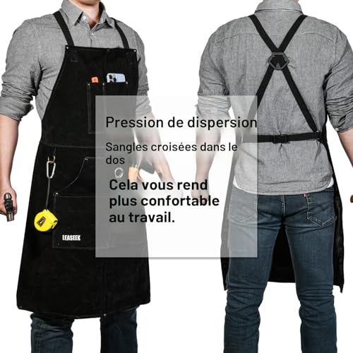 LeaSeek Welding Apron, Cowhide Leather Work Apron with 6 Pockets, Heat Resistant and Fireproof, Adjustable Straps from M to XXXL for Men and Women, Black