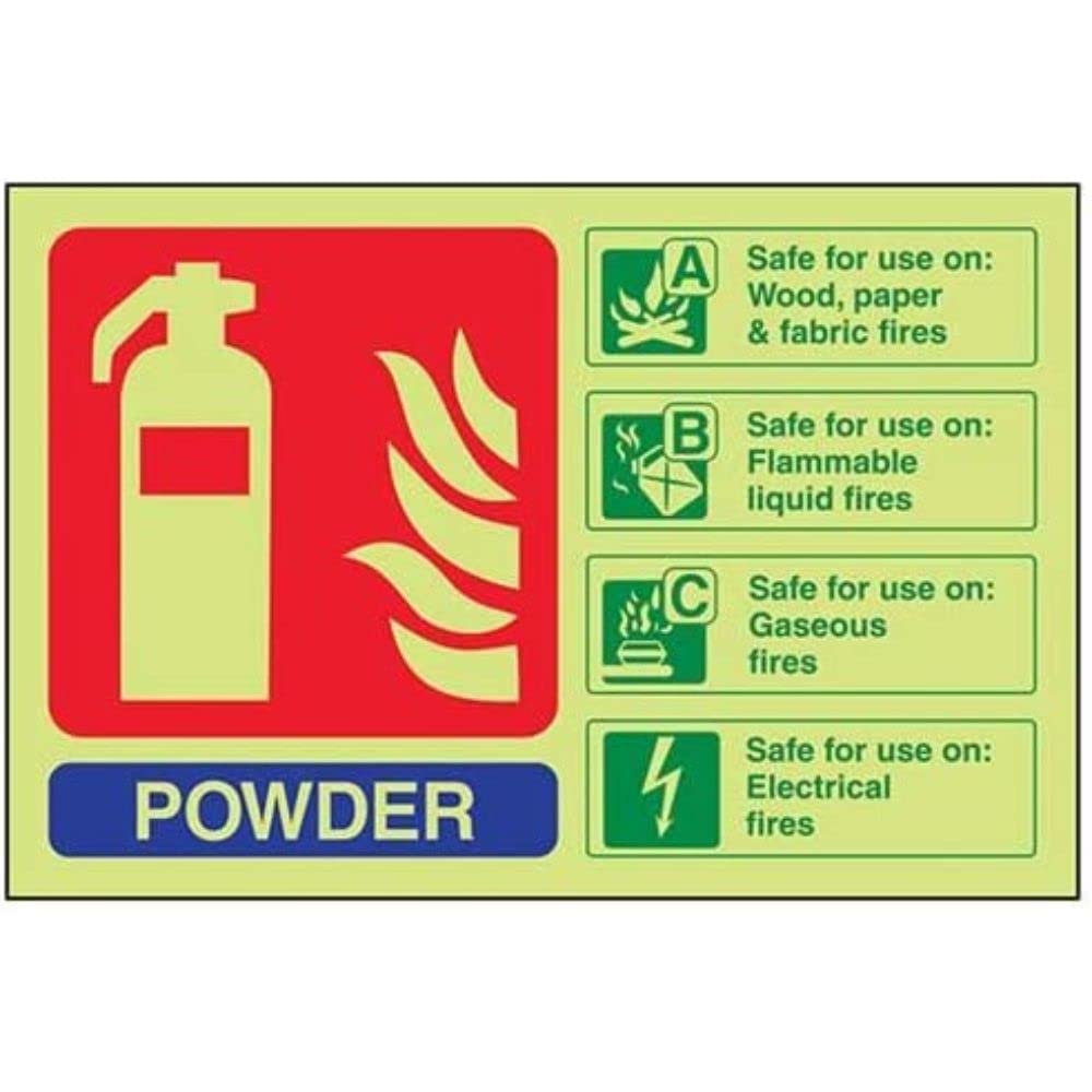 V Safety Glow In The Dark Powder Id Fire Extinguisher Sign - 200mm x 150mm - Self Adhesive Vinyl