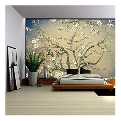 Olive Green with Blue Vignette Almond Blossom by Vincent Van Gogh - Wall Mural, Removable Sticker, Home Decor - 100x144 inches