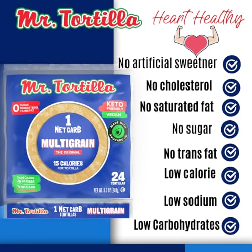MR. TORTILLA LOW CARB TORTILLA WRAPS – KETO TORTILLAS WITH AVOCADO OIL – STREET TACO SIZE – 1 NET CARB PER SERVING – LOW CALORIE KETO WRAPS – LOW CARB TORTILLAS – (MULTIGRAIN, 96 COUNT)