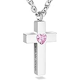 SOITIS Cremation Cross Necklace for Ashes, Cross Urns Silver Pendant Ashes Holder, Stainless Steel Memorial Jewelry with Birthstone - With Me Always