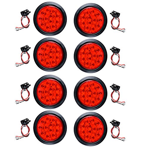 8pcs Red 4" Round 12-LED Tail Light Grommet Wiring Plug Kit for Truck Trailer RV UTE UTV
